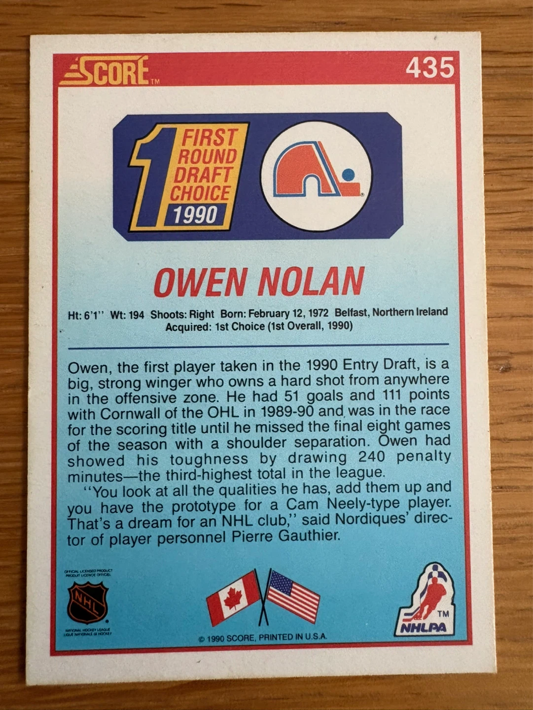 Score Owen Nolan Hockey Card 1990 - photo 2