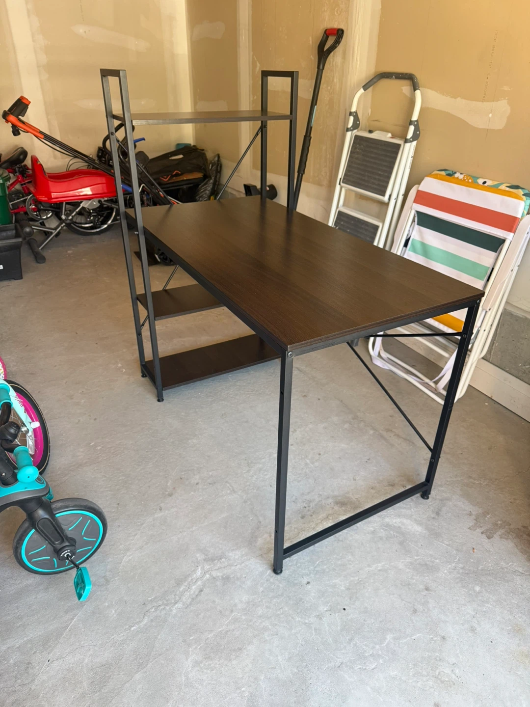 Dark Wood and Metal Office Computer Desk with Shelving - photo 4