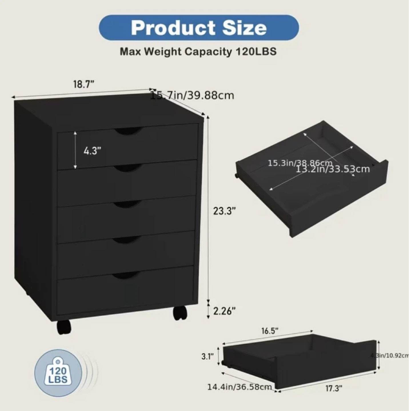 Black 5-Drawer Rolling Storage Cart - photo 3