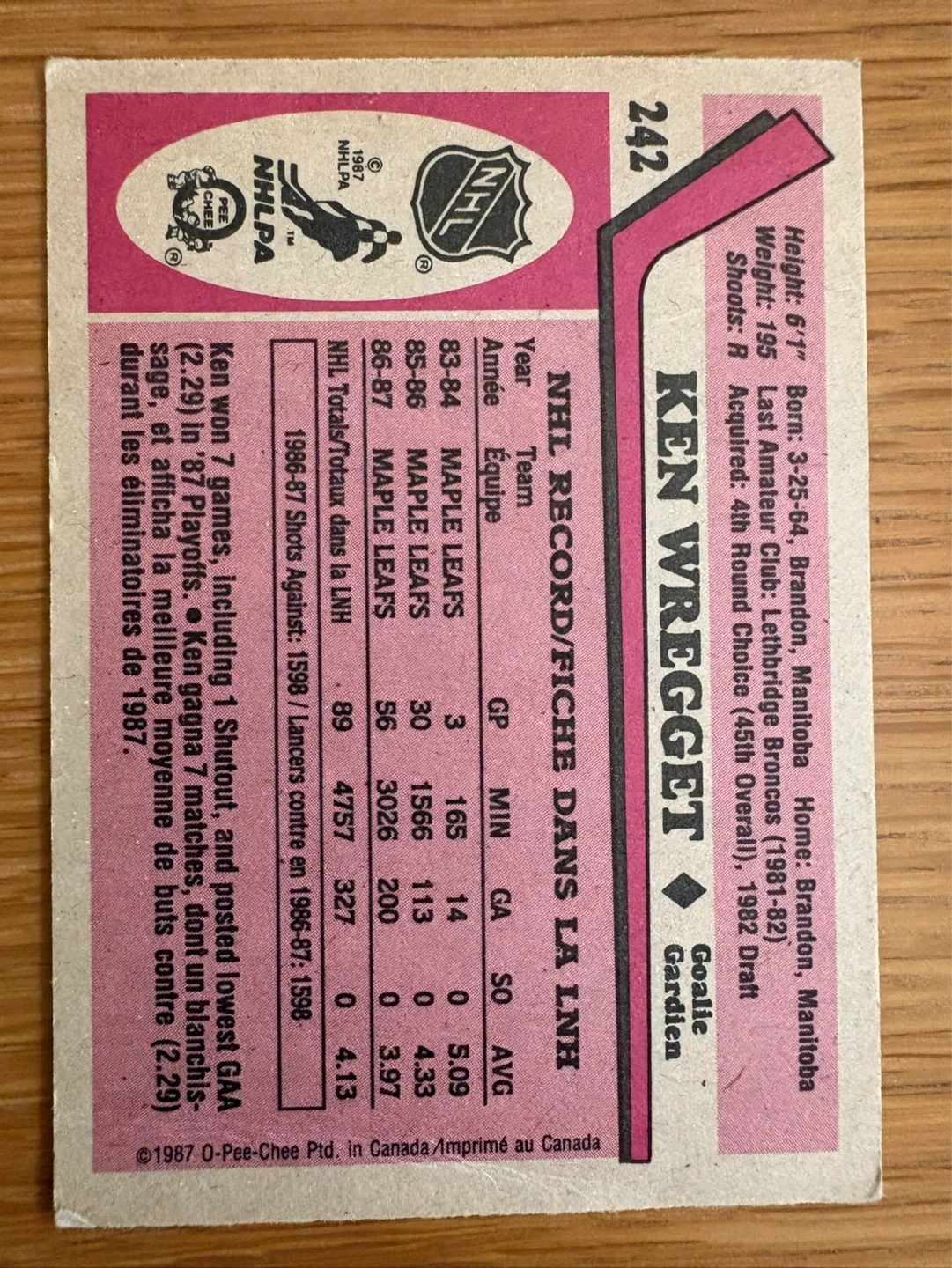 O-Pee-Chee Ken Wregget Maple Leafs Hockey Card - photo 2