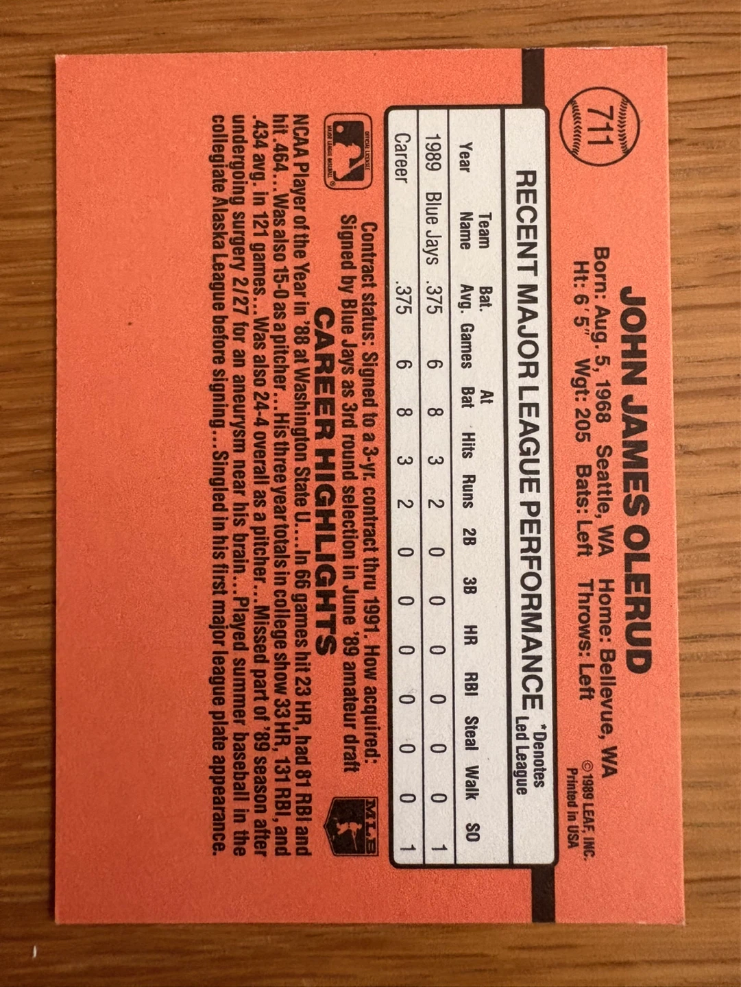 1990 Donruss John Olerud Baseball Card - photo 2