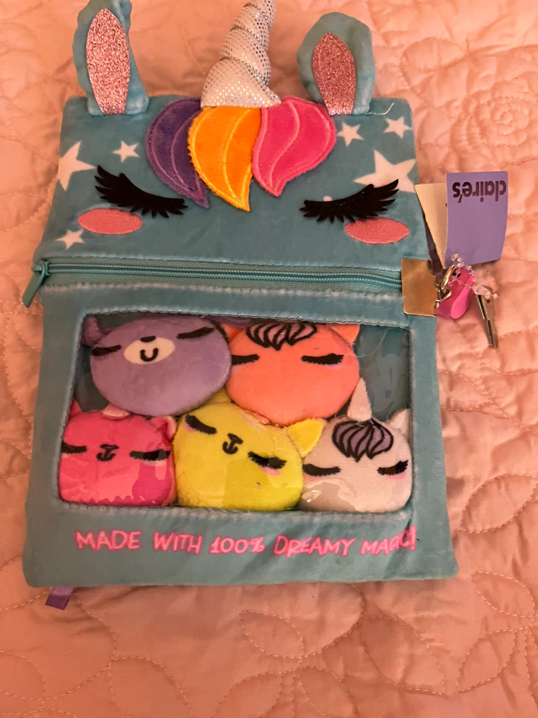Claire's Teal Unicorn Plush Lock Diary with Charm Key