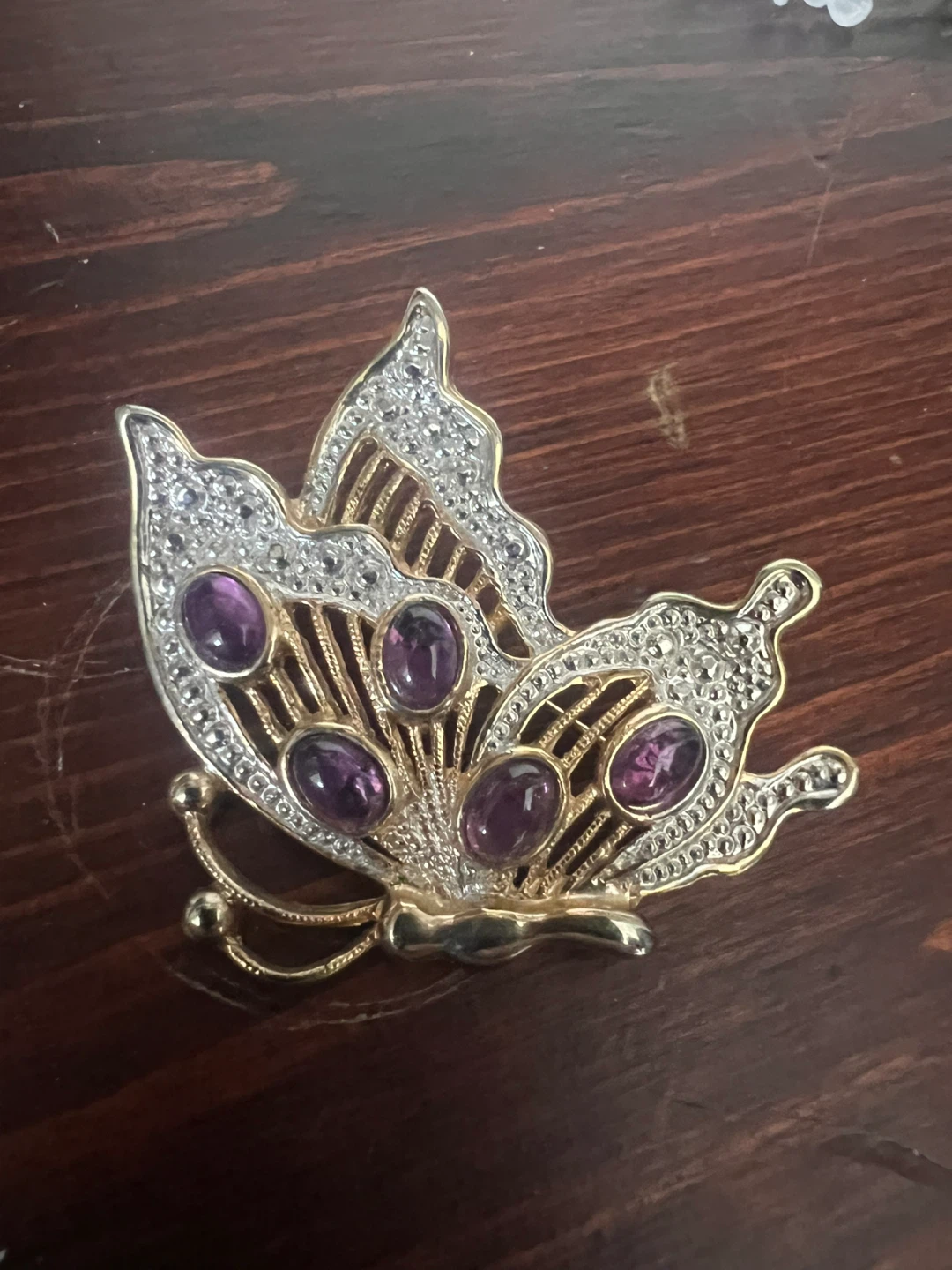 Gold Tone Butterfly Brooch with Purple and Clear Stones