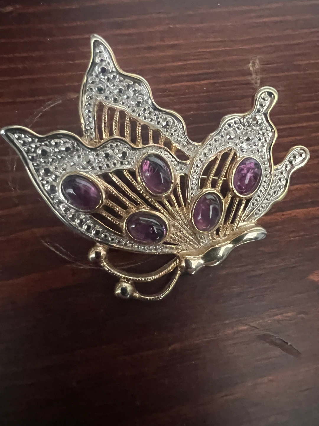 Gold Tone Butterfly Brooch with Purple and Clear Stones - photo 2