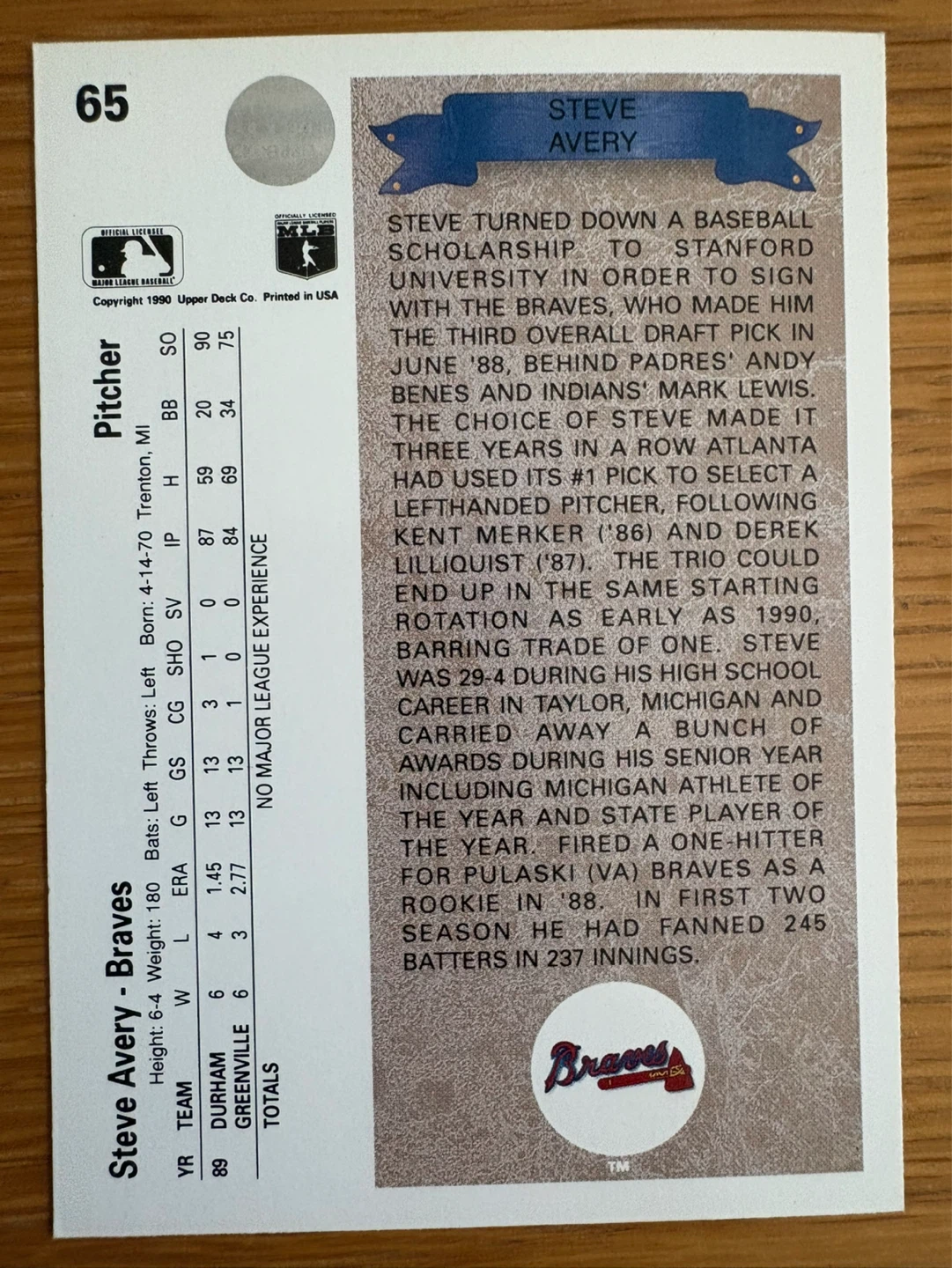 Steve Avery 1990 Upper Deck Baseball Card - photo 2