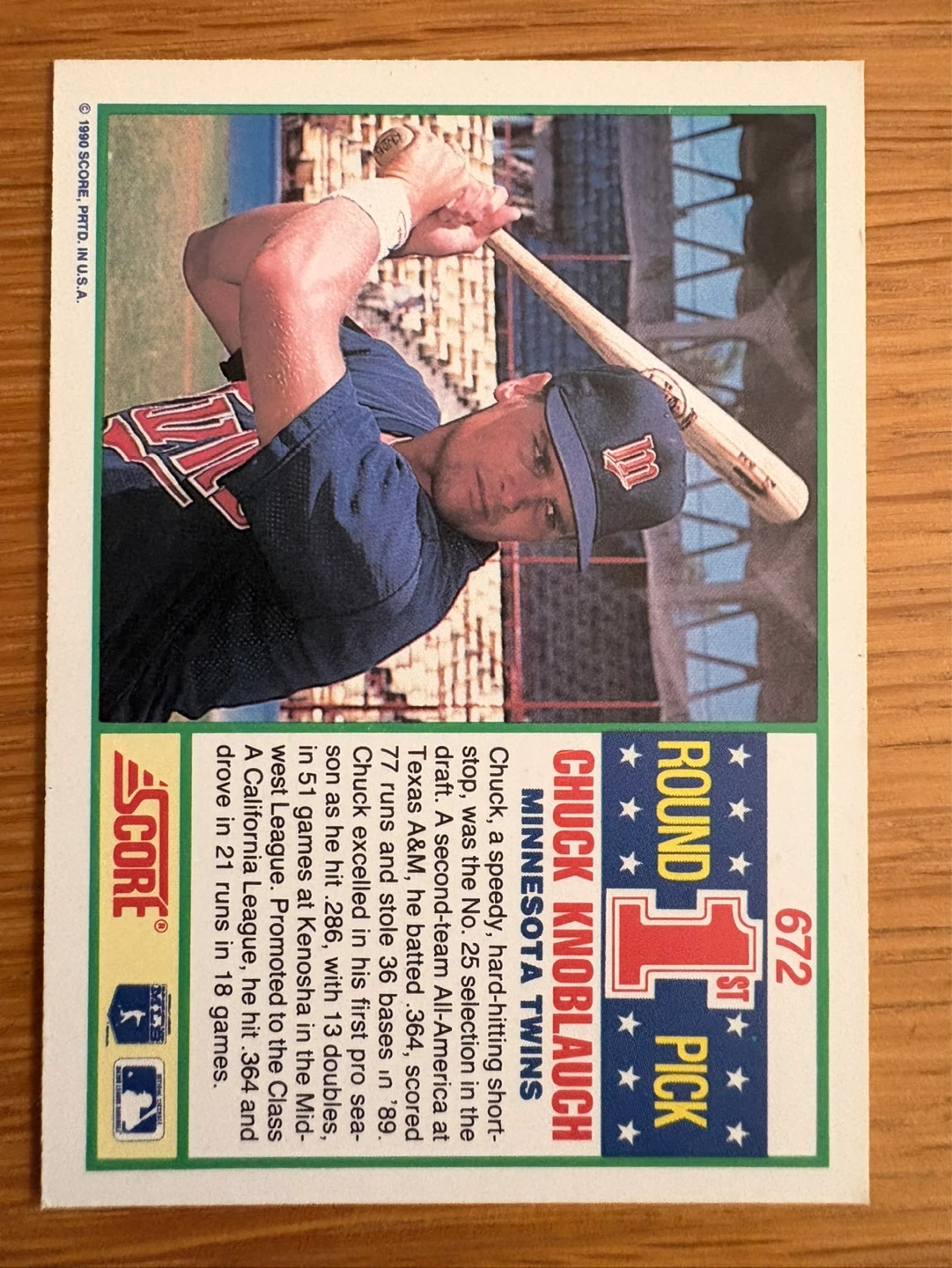 1990 Score Baseball Card - Chuck Knoblauch - photo 2