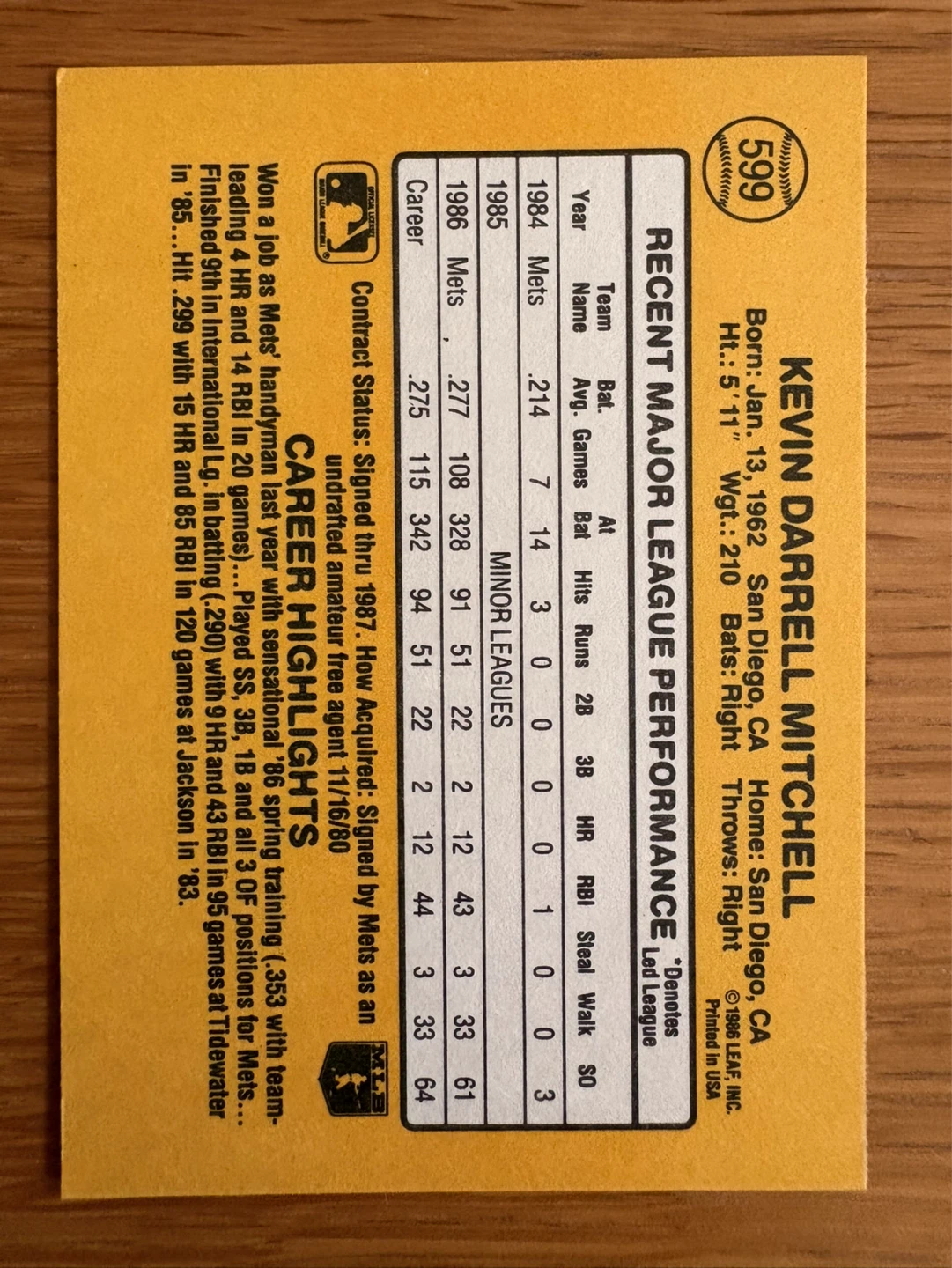 1987 Donruss Kevin Mitchell Baseball Card - photo 2