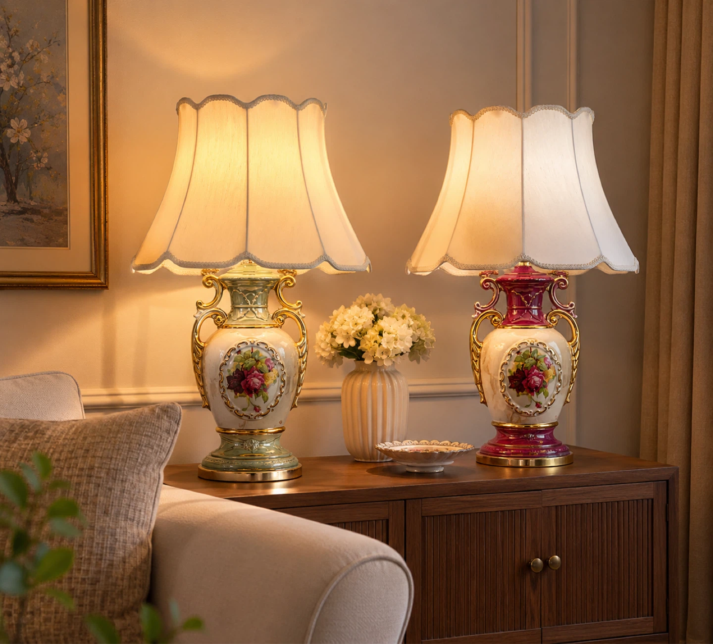 Price for each. Vintage Ceramic Table Lamp with Floral Design