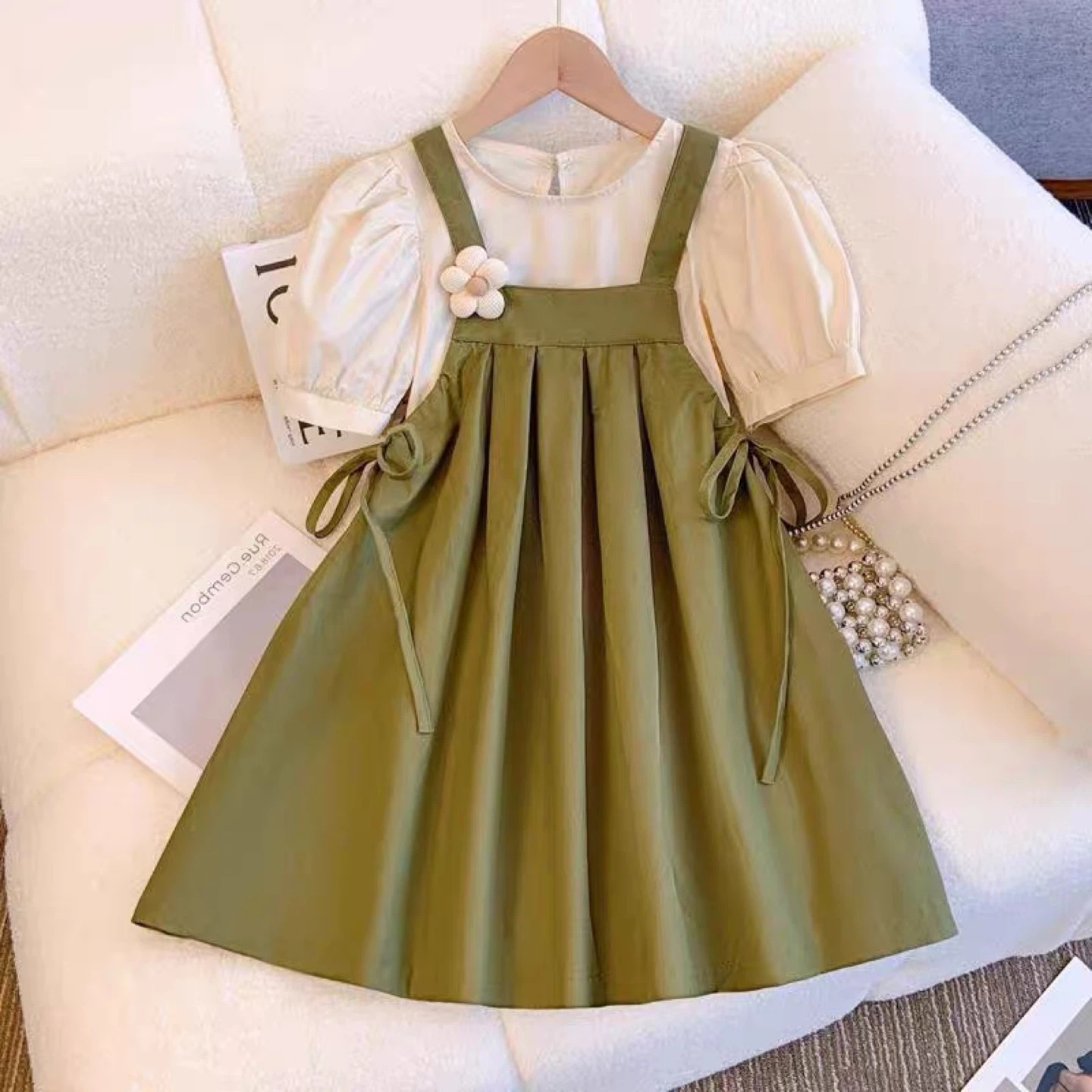 Kids Pinafore Dress with Puff Sleeve Top