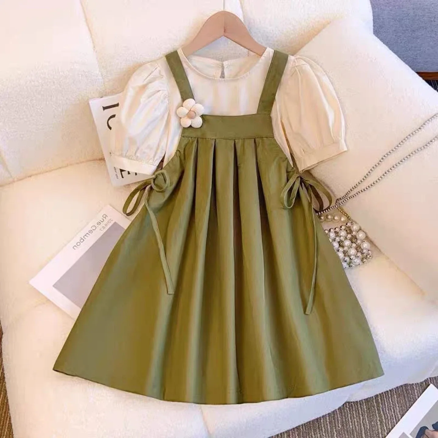 Kids Pinafore Dress with Puff Sleeve Top
