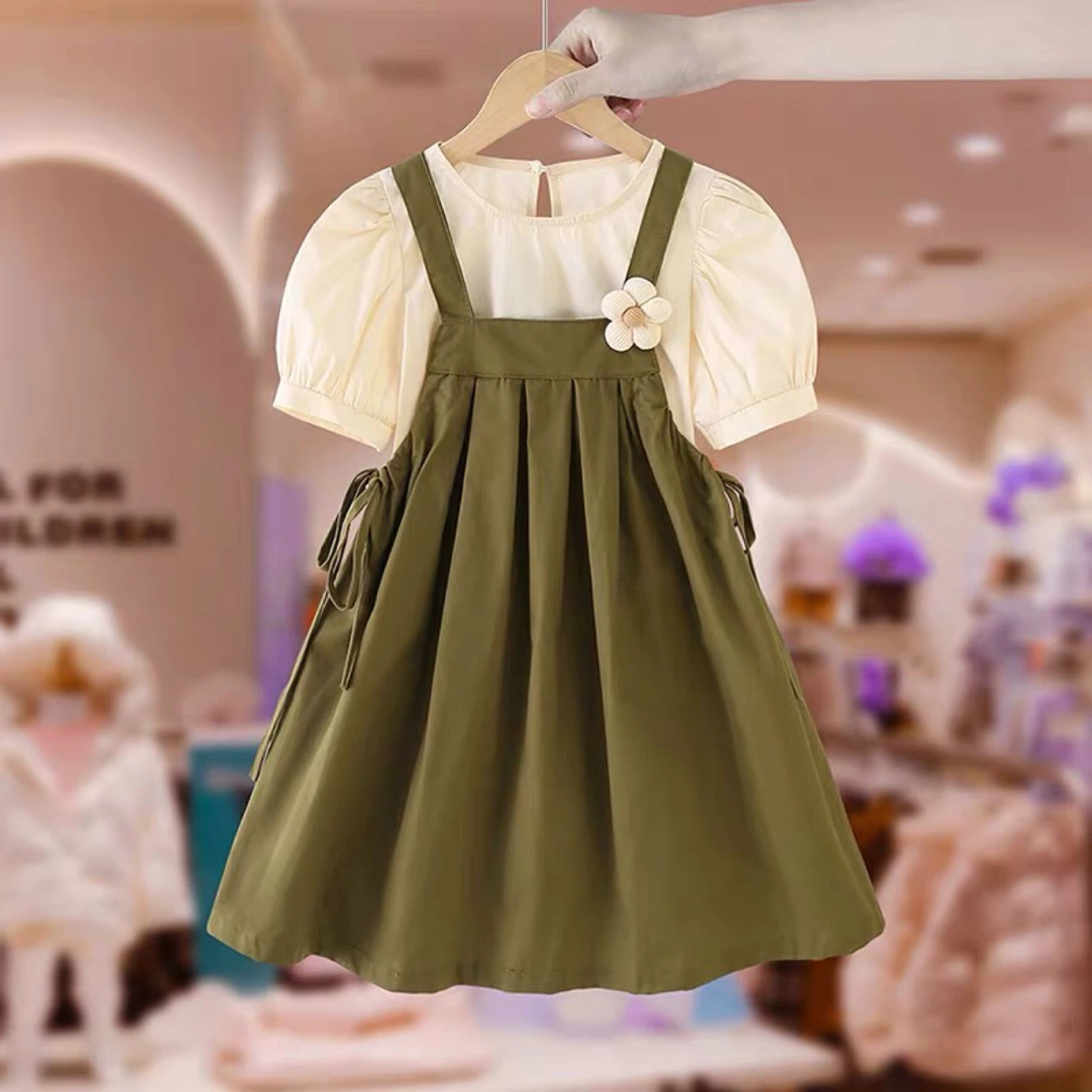 Kids Pinafore Dress with Puff Sleeve Top - photo 2