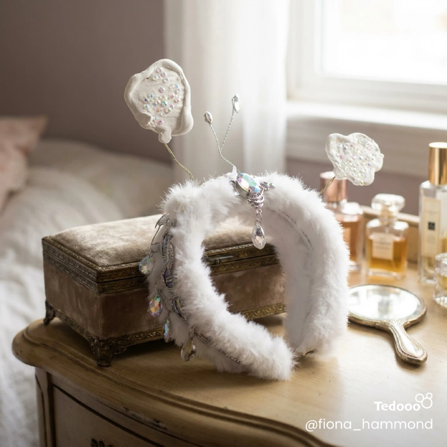 White Fur Headband  Rhinestone and Crystal Embellishments