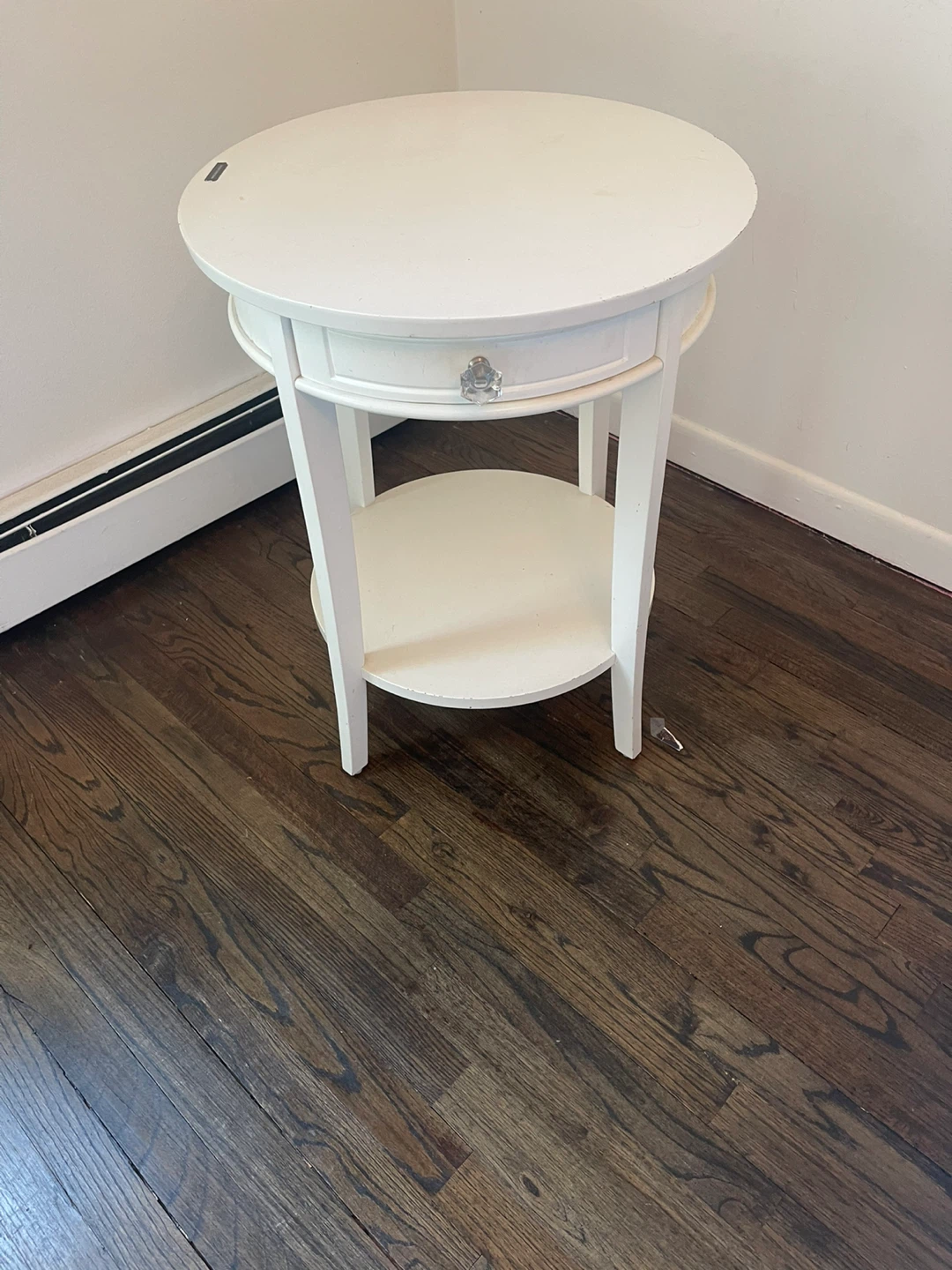 Pottery Barb-White Round End Table with Drawer and Shelf