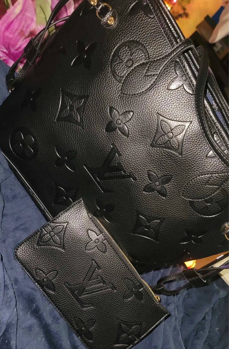Flower Embossed Tote Bag with Pouch