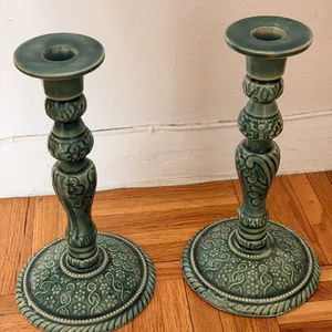 Green Ceramic Candlestick Holder Set