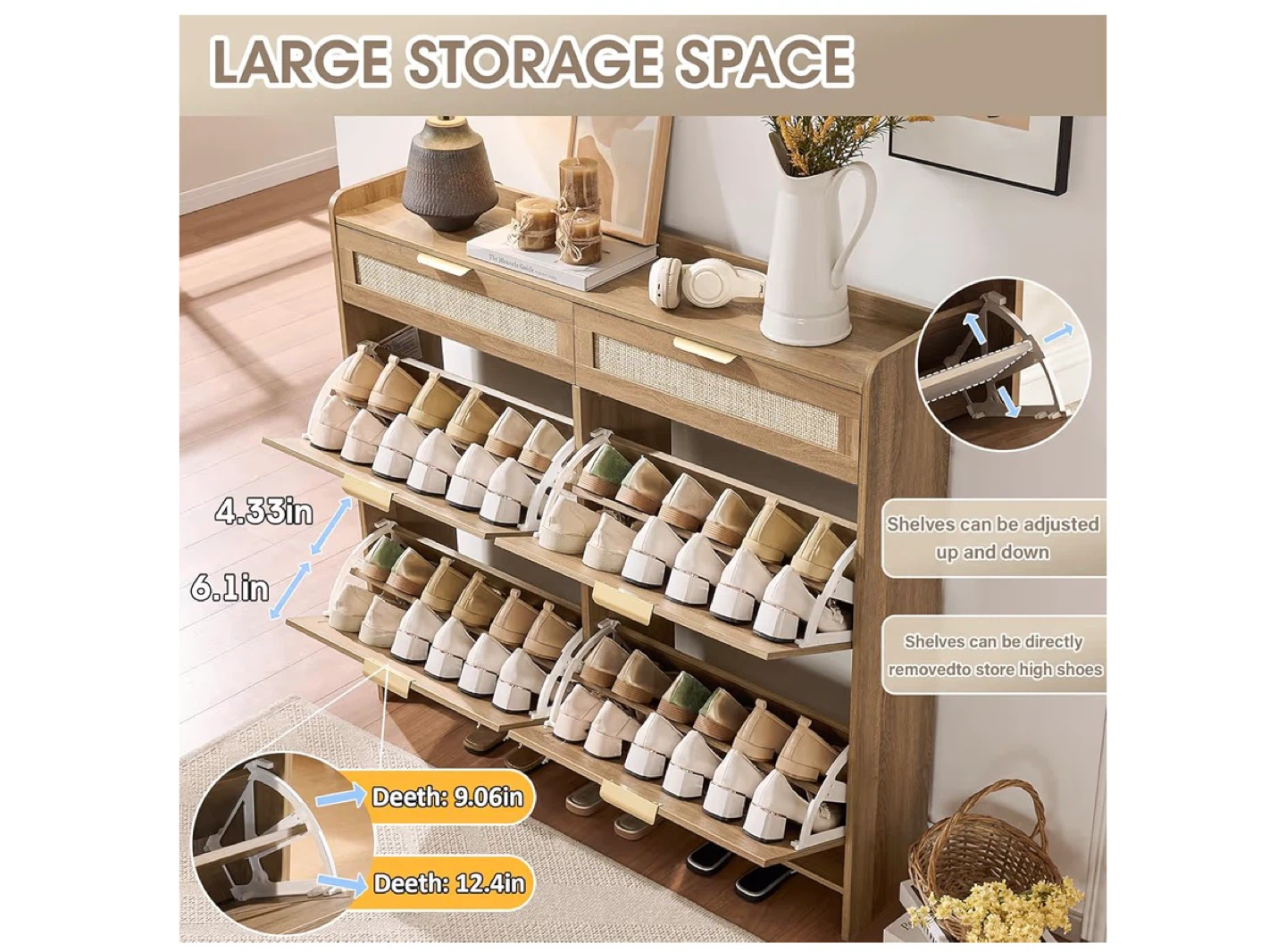 Wooden Shoe Cabinet with 2 Drawers and 8 Shelves - photo 3