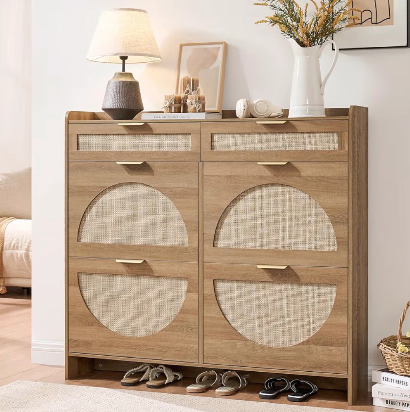 Wooden Shoe Cabinet with 2 Drawers and 8 Shelves