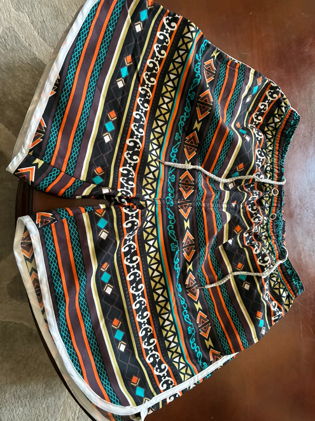 $5  S/M unlined shorts swimsuit tribal pattern Donlands O'Connor