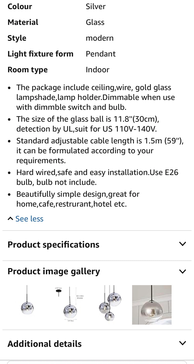 Silver Glass Pendant Light - 20cm - photo 4