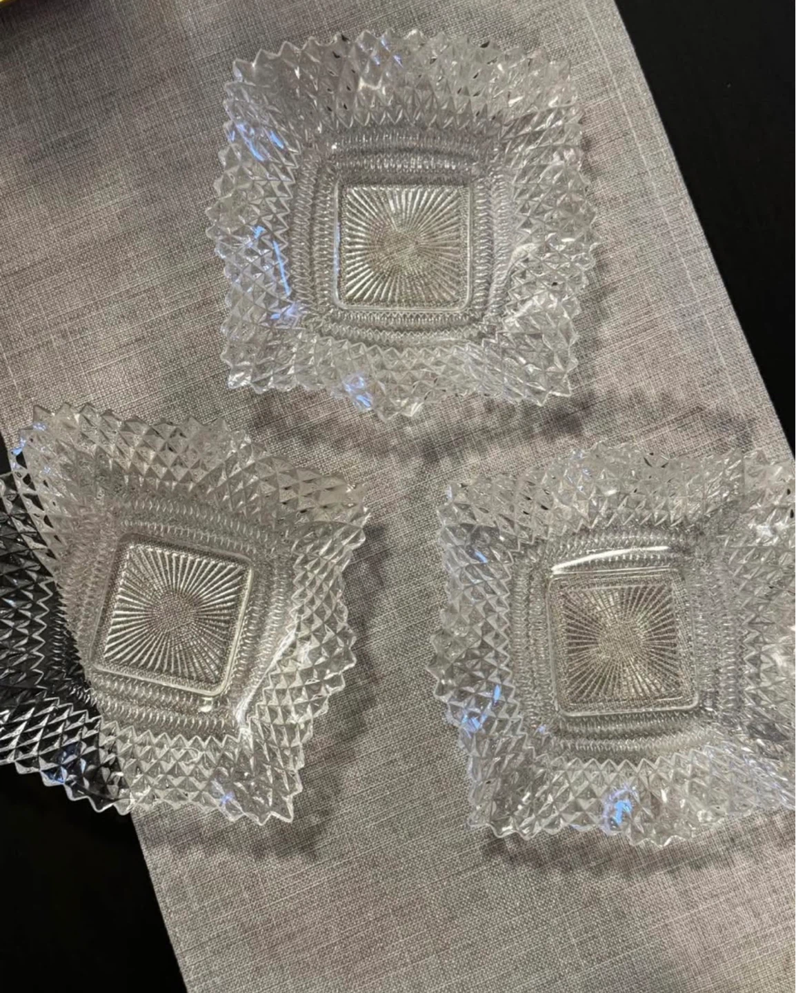 Clear Glass Square Diamond Pattern Dishes (Set of 3)