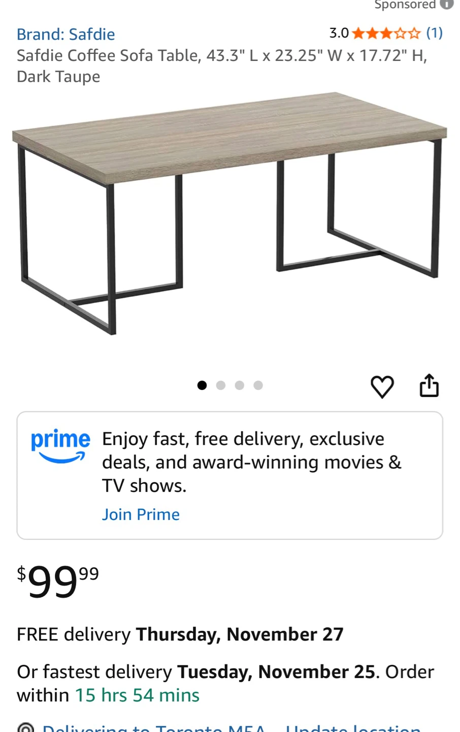 Safdie Coffee Sofa Table - Dark Taupe