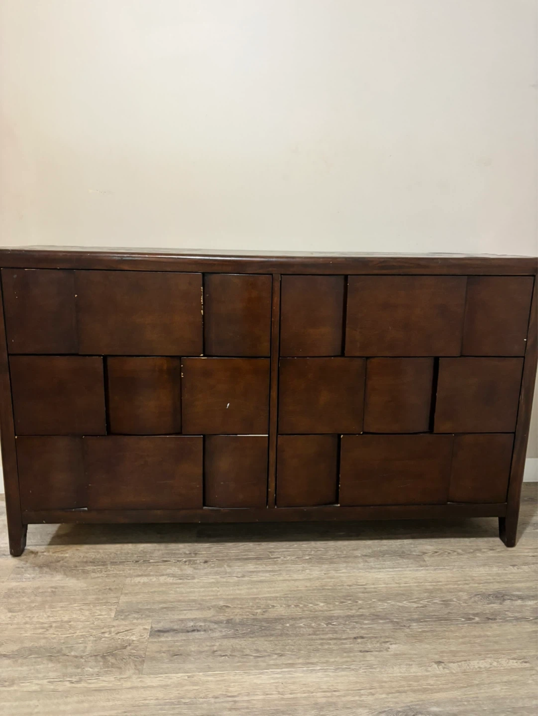 Dark Wood Dresser with Geometric Drawer Fronts