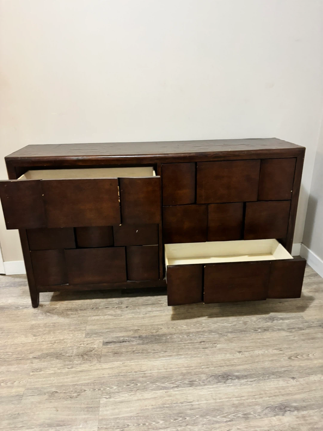 Dark Wood Dresser with Geometric Drawer Fronts - photo 3