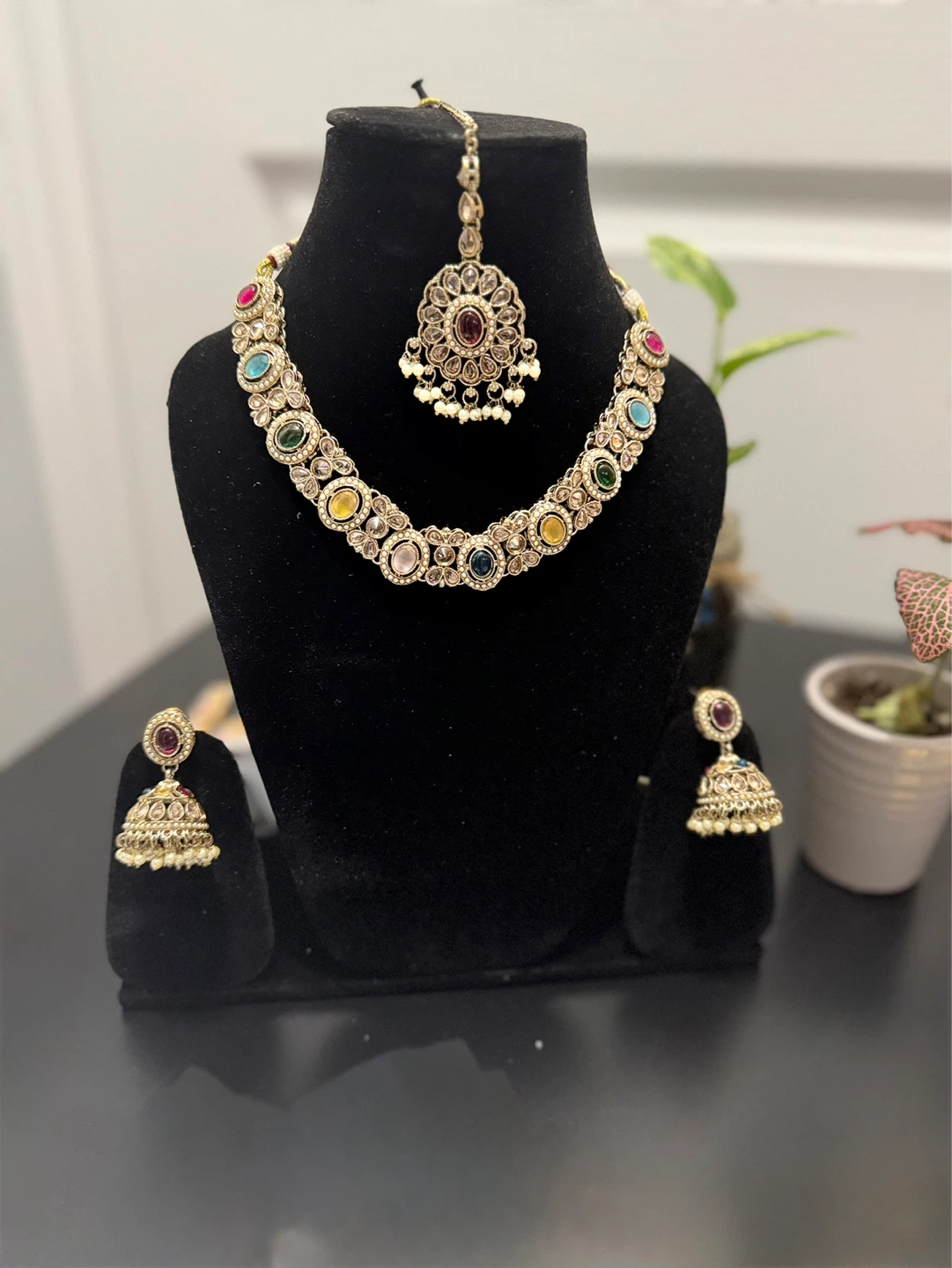 Multi-colour Stone Necklace and Earring Set with Tikka