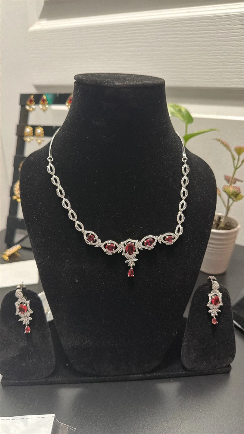 Rhinestone and Red Stone Necklace and Earring Set