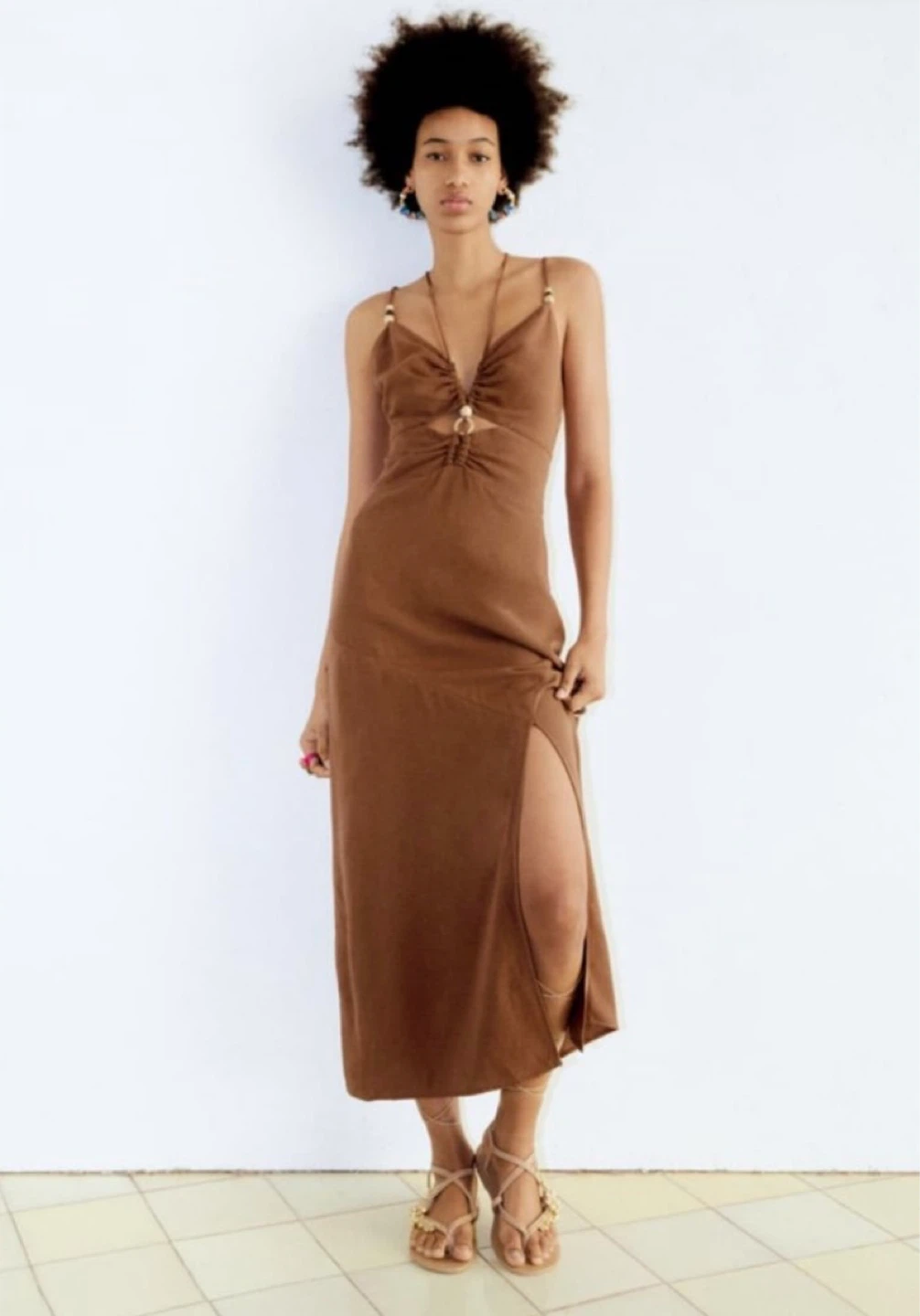 ⚽️ 🆕 Zara Brown Linen Blend Cutout Midi Dress - XS