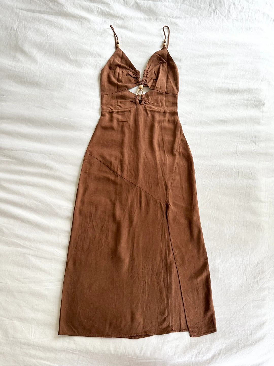 ⚽️ 🆕 Zara Brown Linen Blend Cutout Midi Dress - XS - photo 5