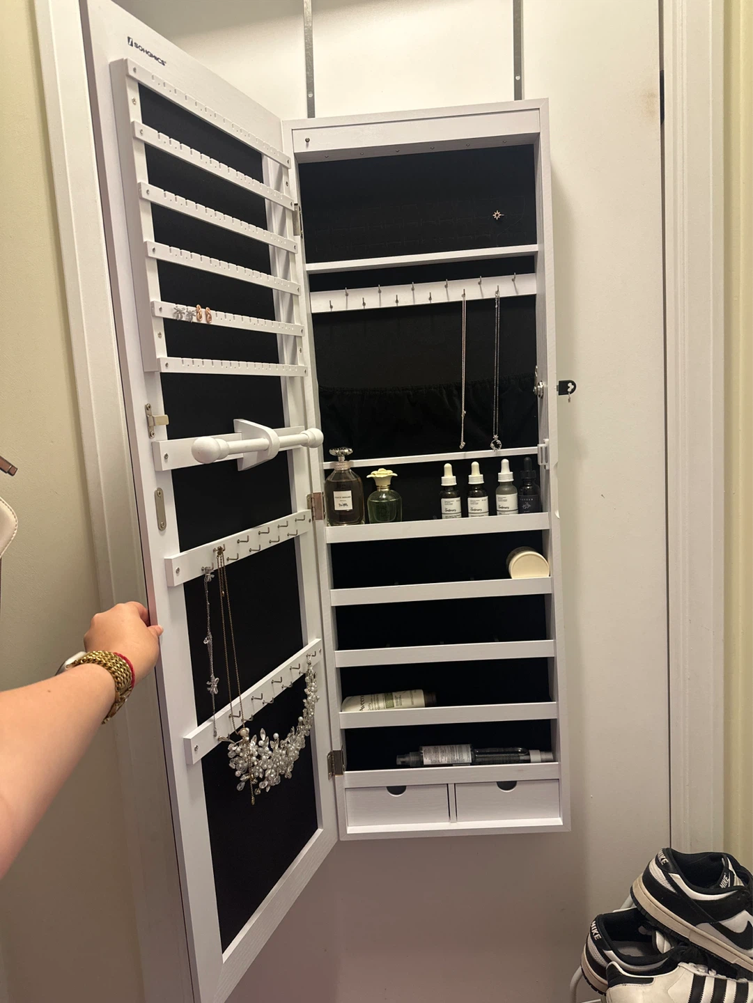 White Mirrored Jewelry Armoire with Storage