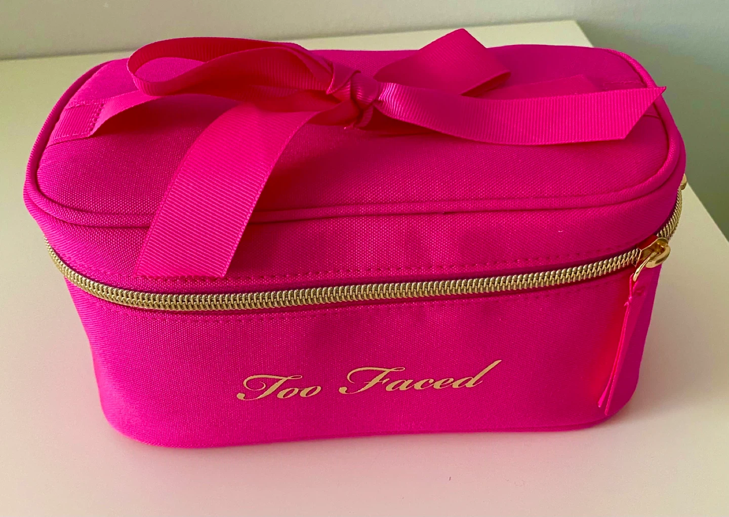 Too Faced Pink Train Case Cosmetic Bag with Bow