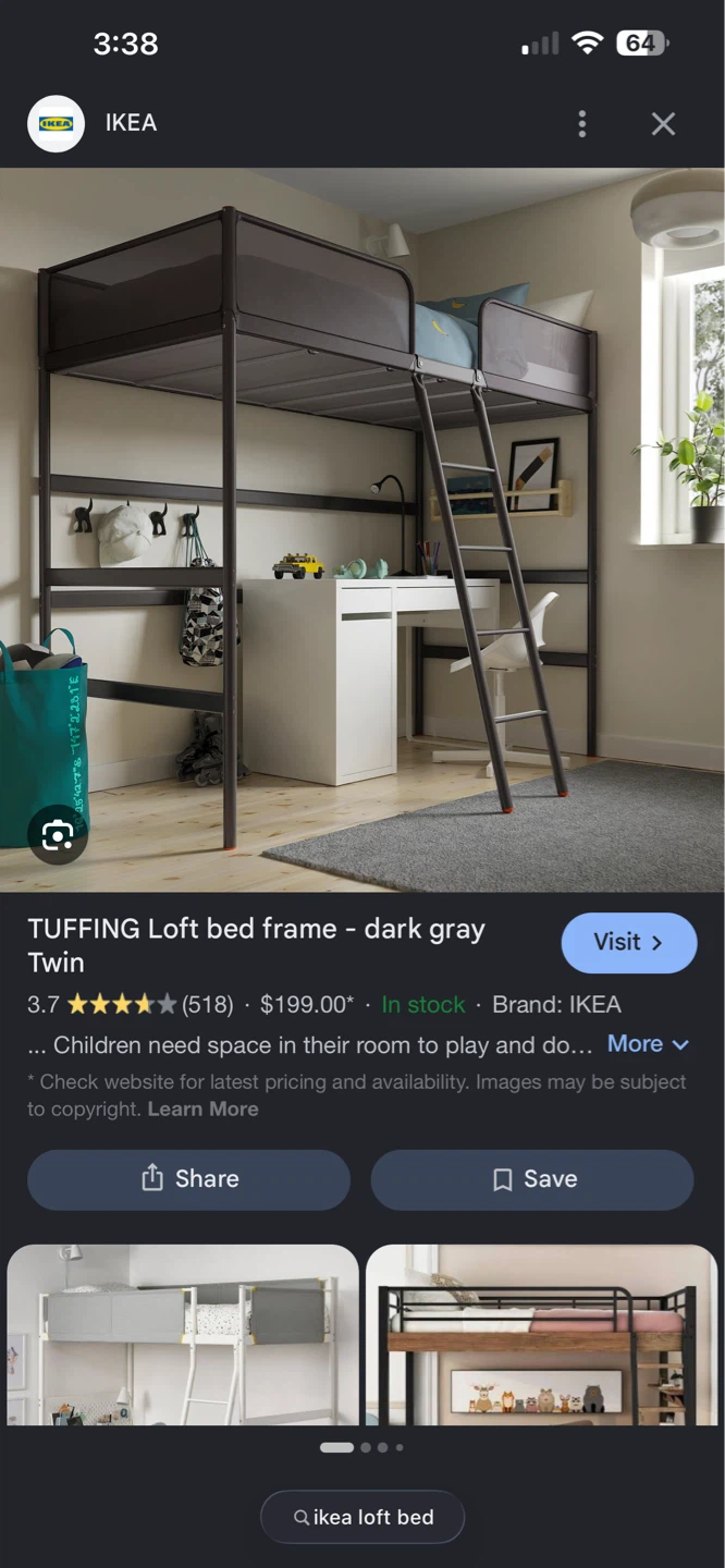 IKEA TUFFING Loft bed frame - Dark Gray Twin