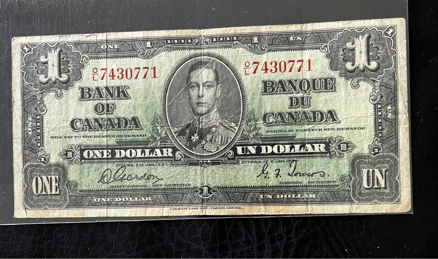 Bank of Canada One Dollar Bill - 1937 - photo 2