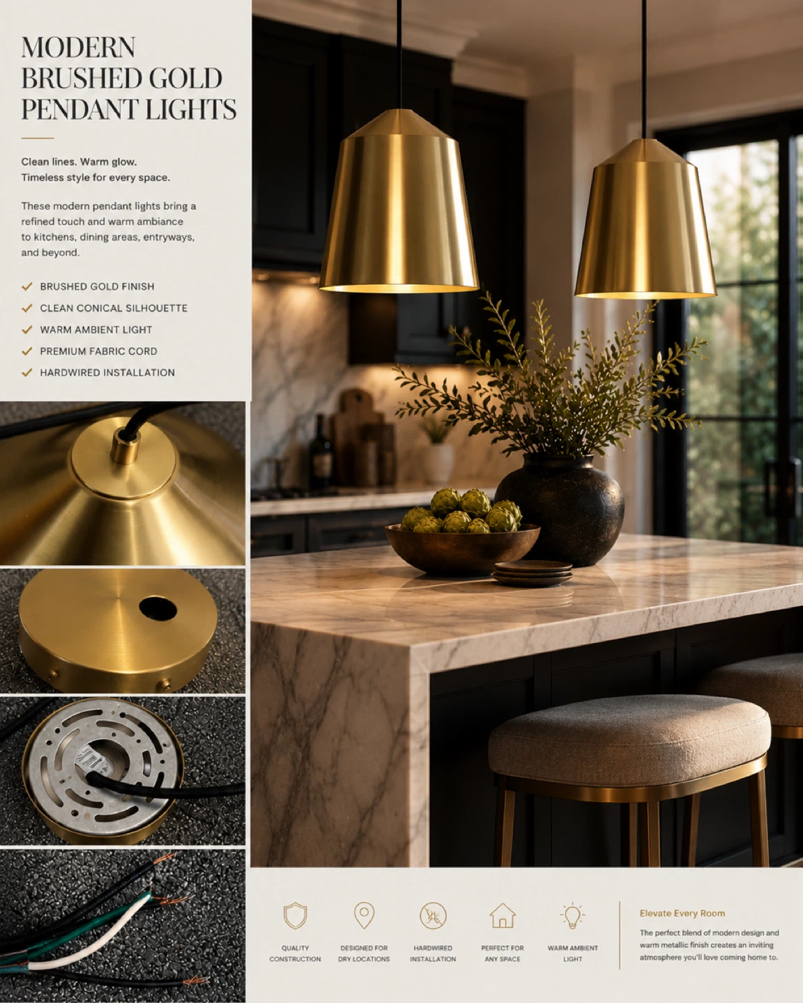 Pair Modern Brushed Gold Pendant Lights Adjustable 12.5” Island