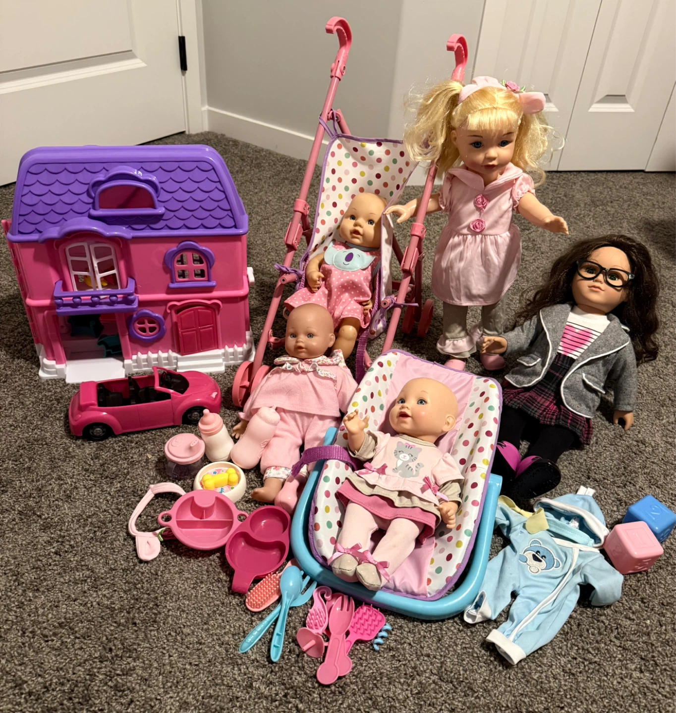 Dollhouse, Dolls, Stroller, and Accessories Set