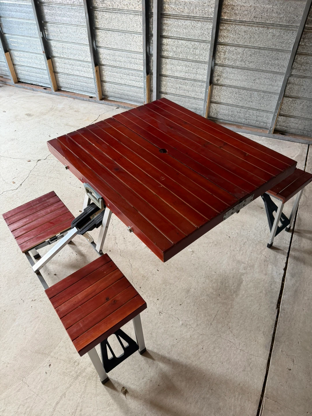 Red Wooden Folding Picnic Table with Seats