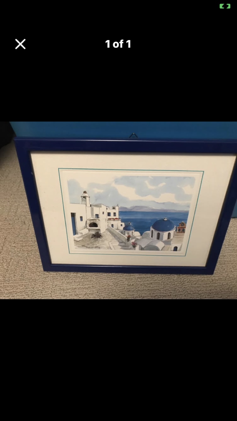 Framed Watercolour Painting of Santorini