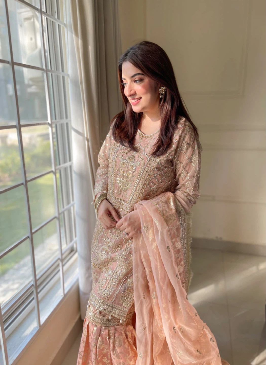 Peach Embroidered Gharara Suit with Organza Dupatta
