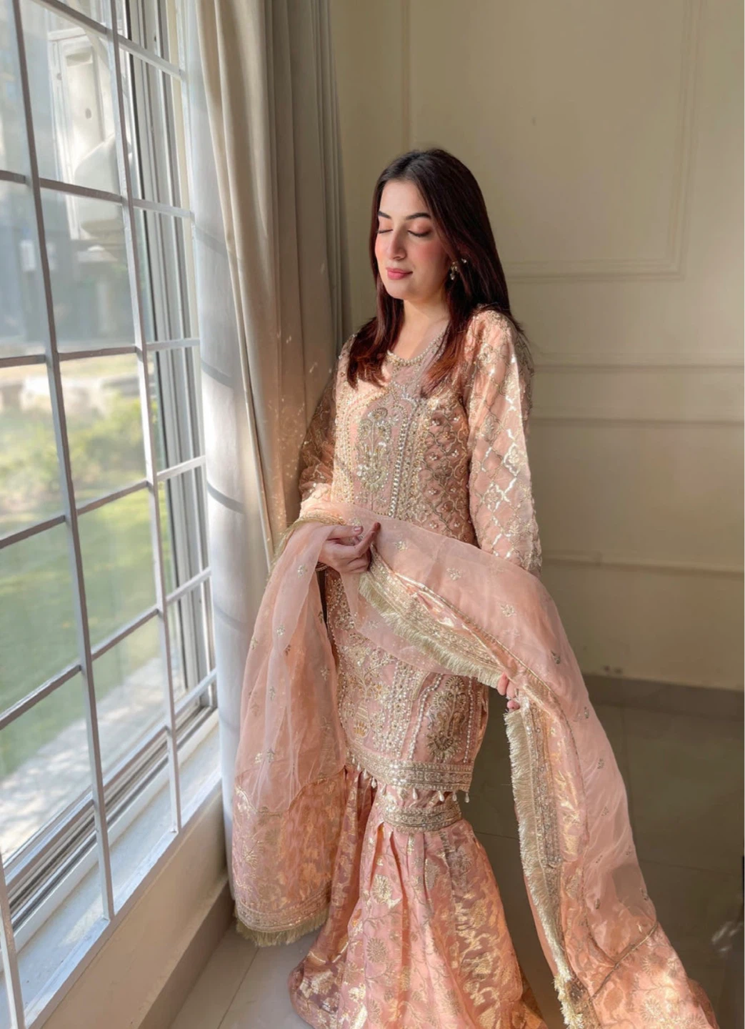 Peach Embroidered Gharara Suit with Organza Dupatta - photo 3