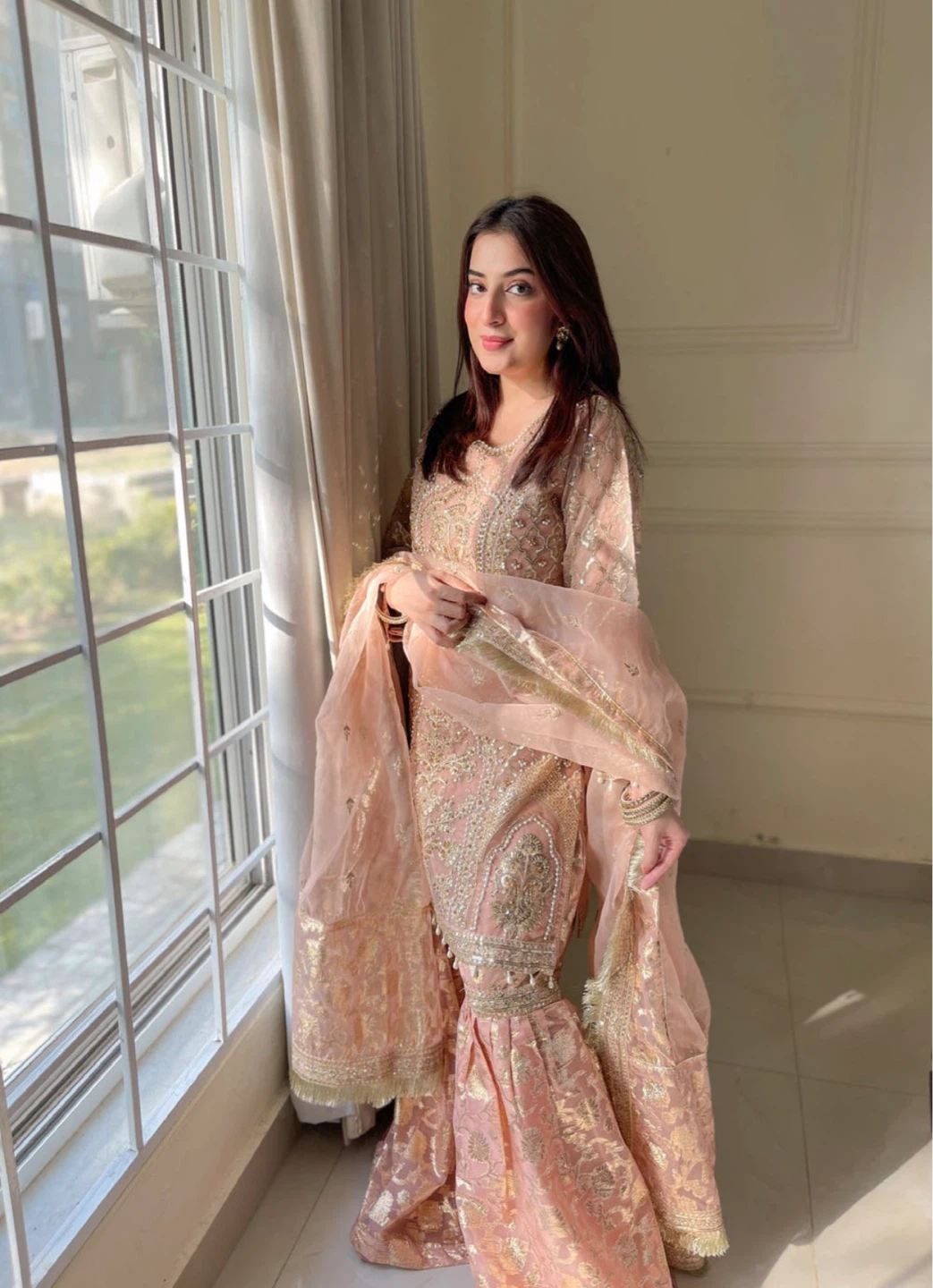 Peach Embroidered Gharara Suit with Organza Dupatta - photo 2