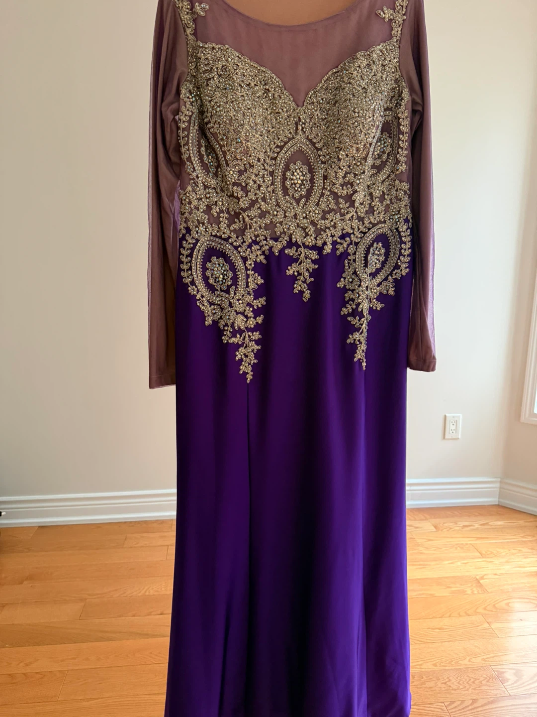 Purple Beaded Long Sleeve Formal Dress