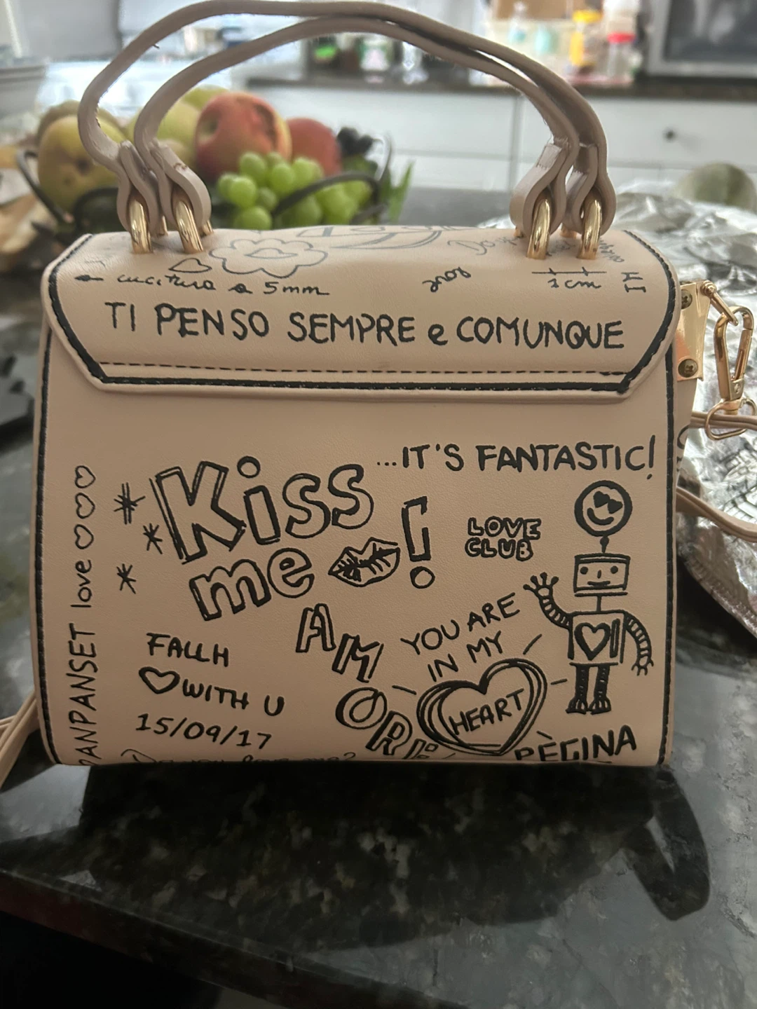Beige Handbag with "Amore" Graphic - photo 2