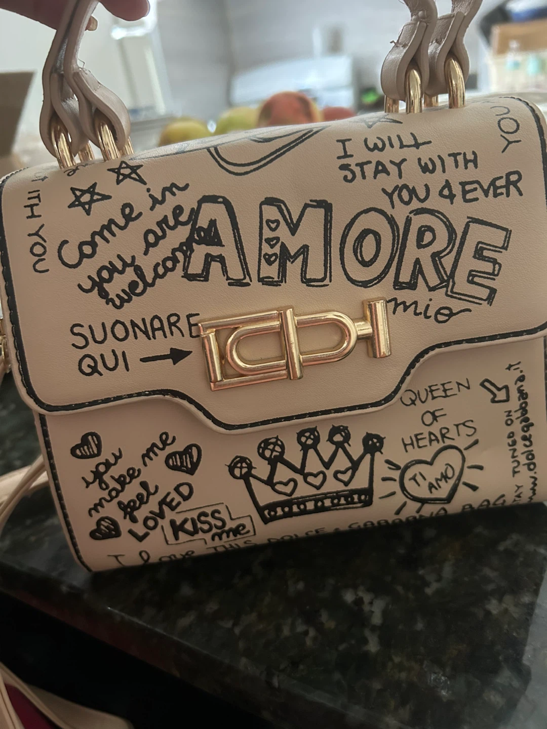 Beige Handbag with "Amore" Graphic