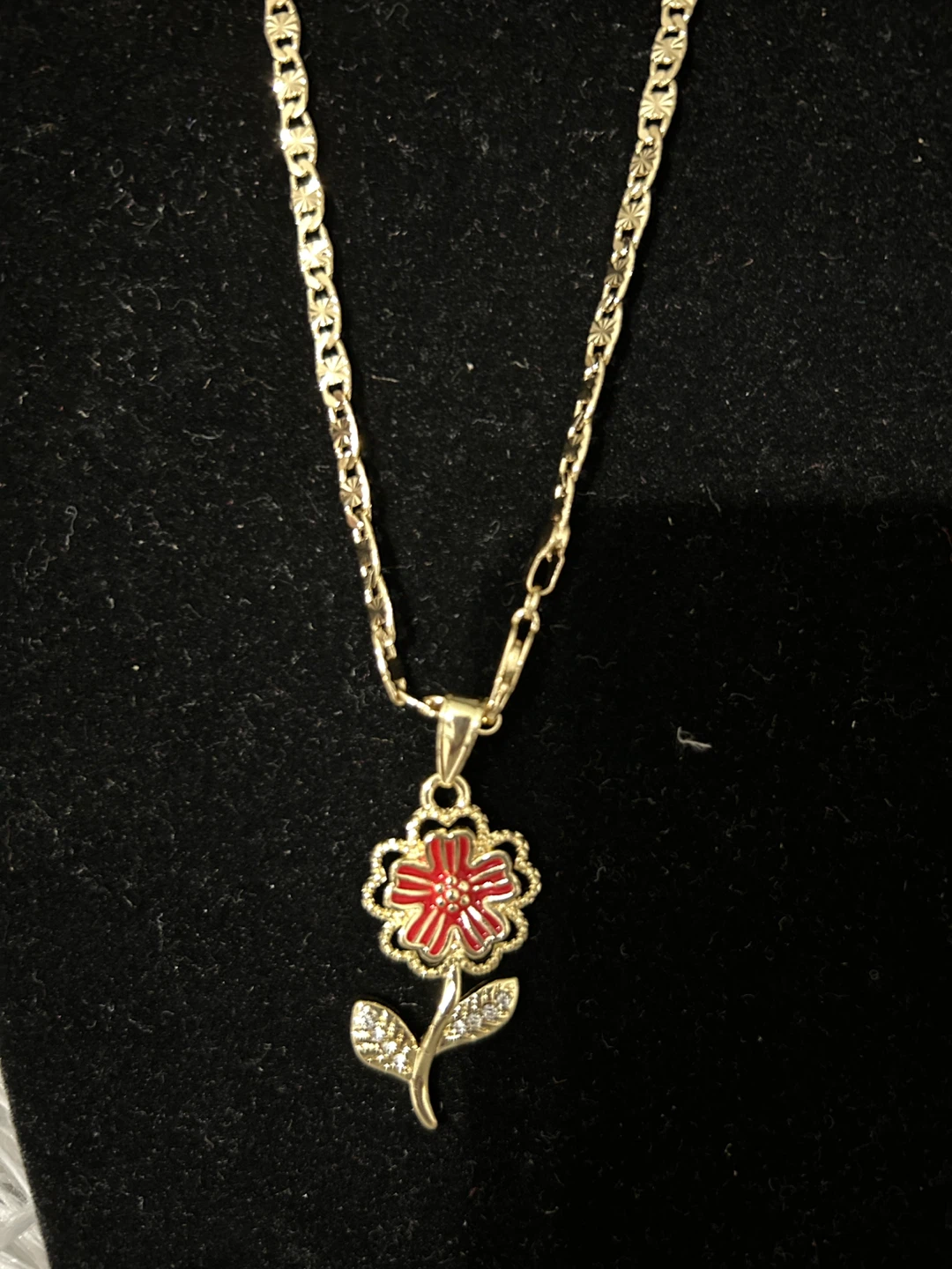 Gold Tone Flower Pendant Necklace with Red Enamel - photo 2