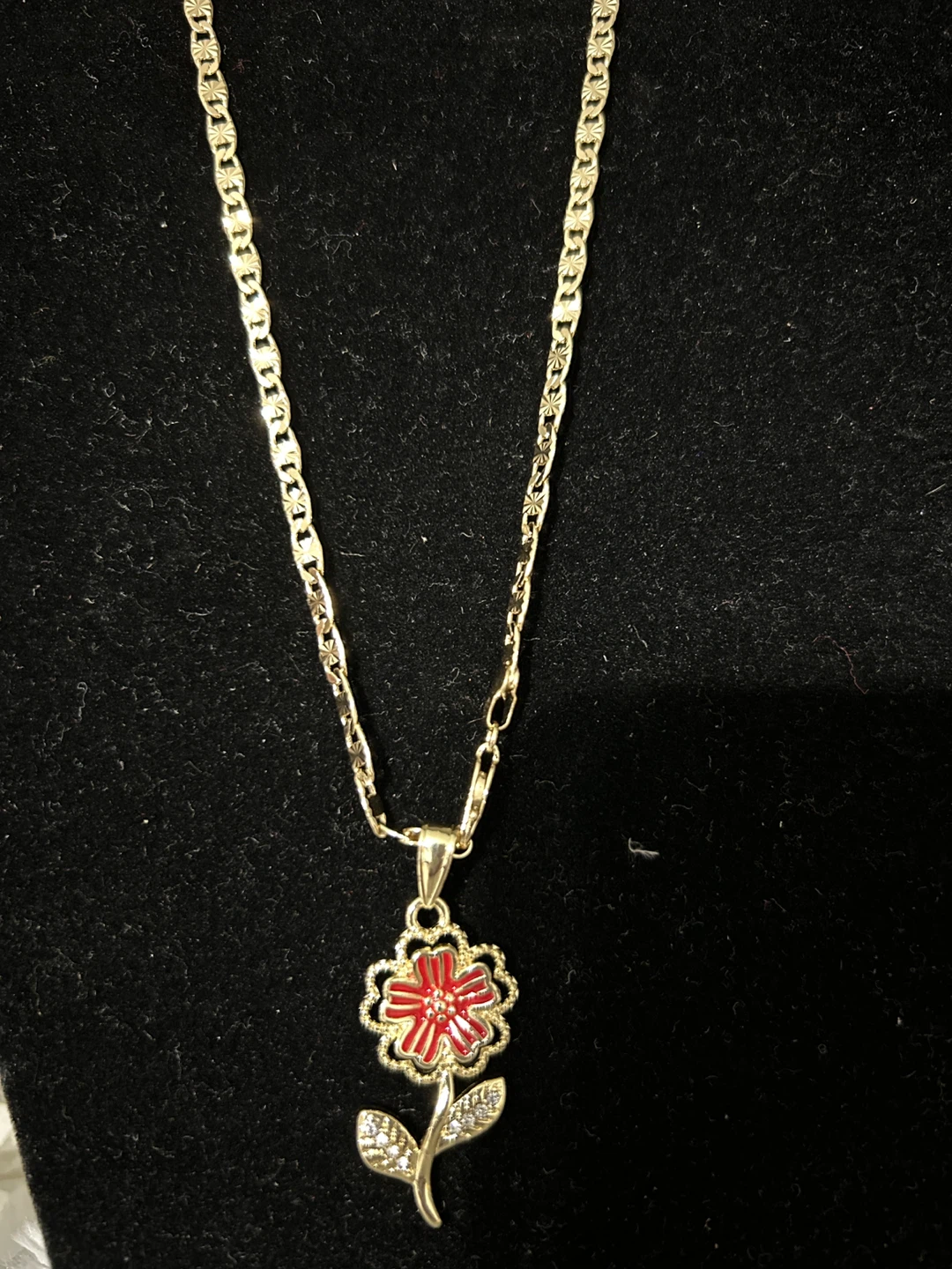Gold Tone Flower Pendant Necklace with Red Enamel - photo 4