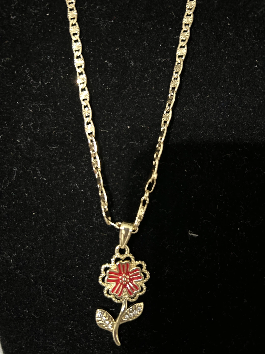 Gold Tone Flower Pendant Necklace with Red Enamel