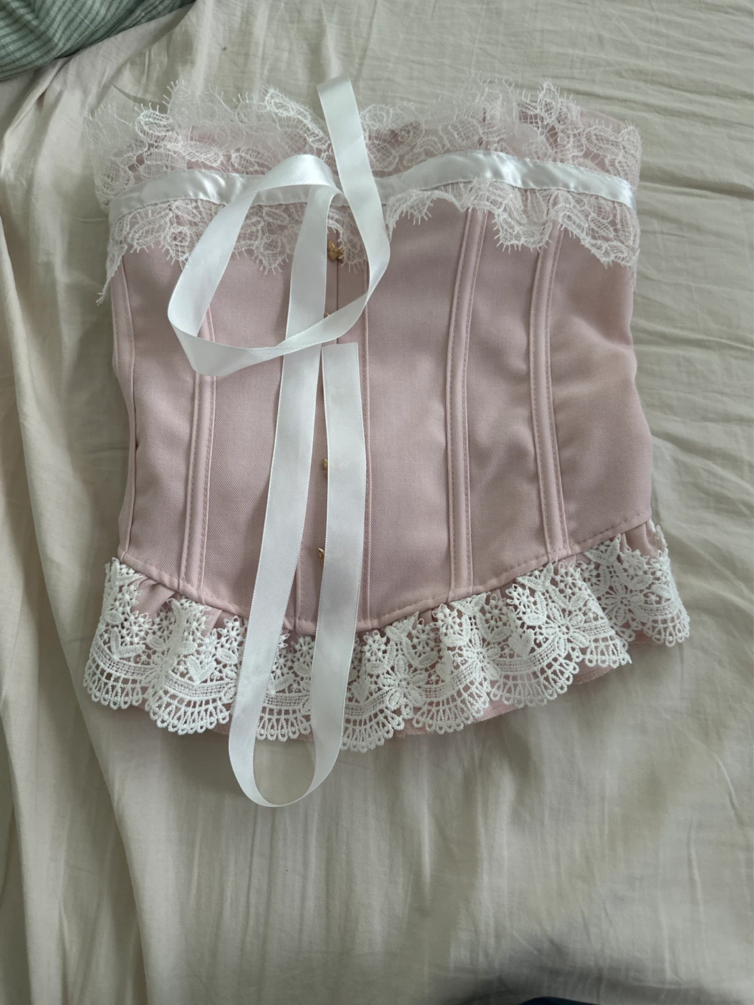 Pink Corset with White Lace Trim