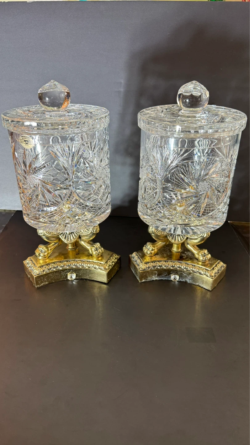 Vintage Crystal and Gold Lidded Jars Pair